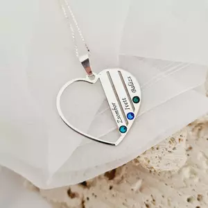 Családi Szív Nyaklánc - 925 Sterling Ezüst - 3 Név és Swarovski Kristályok