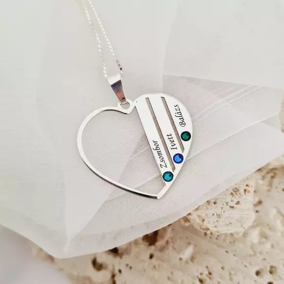 Családi Szív Nyaklánc - 925 Sterling Ezüst - 3 Név és Swarovski Kristályok