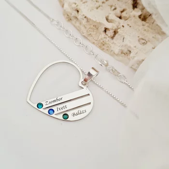 Családi Szív Nyaklánc - 925 Sterling Ezüst - 3 Név és Swarovski Kristályok