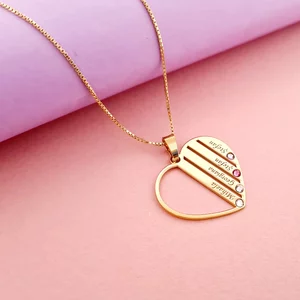 Családi Szív Nyaklánc - 4 Név - 18K Sárga Aranyozott 925 Sterling Ezüst Swarovski Kristály - Körkapocs