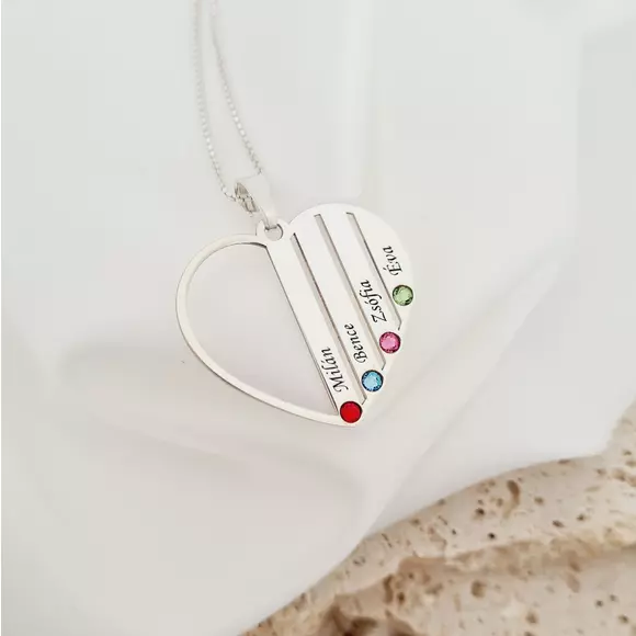 Családi Szív Nyaklánc - 4 Név - 925 Sterling Ezüst  Swarovski Kristály - Körkapocs