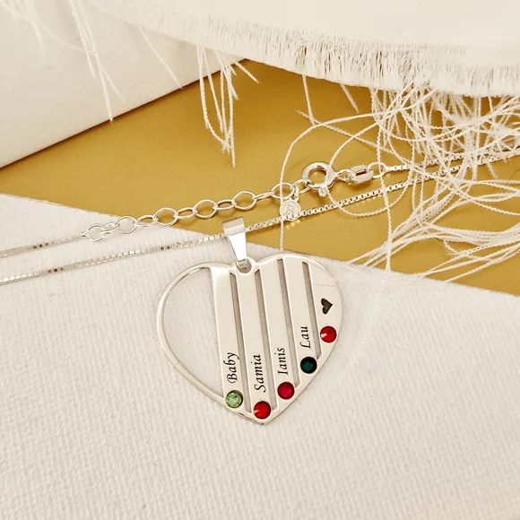 Családi Szív Nyaklánc - 5 Név - 925 Sterling Ezüst  Swarovski Kristály - Körkapocs
