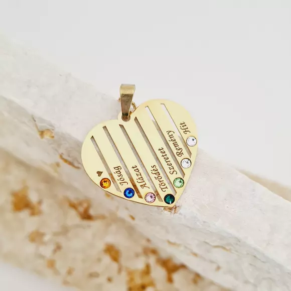 Családi Szív Nyaklánc - 7 Név - 18K Sárga Aranyozott 925 Sterling Ezüst  Swarovski Kristály - Körkapocs