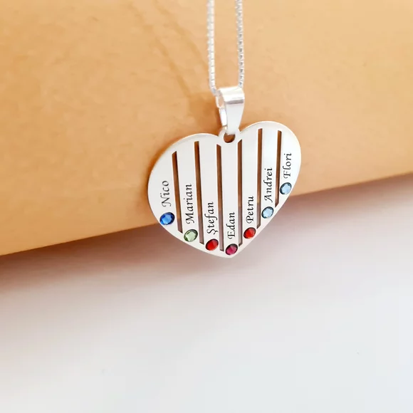 Családi Szív Nyaklánc - 7 Név - 925 Sterling Ezüst  Swarovski Kristály - Körkapocs