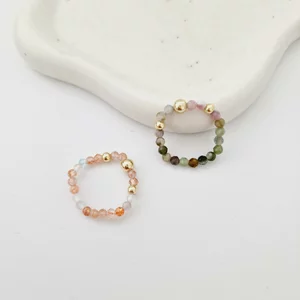 DUO ÉLETERŐ gyűrű szett - ásványgyöngyök és 18 K Sárga Aranyozott Ezüst golyók