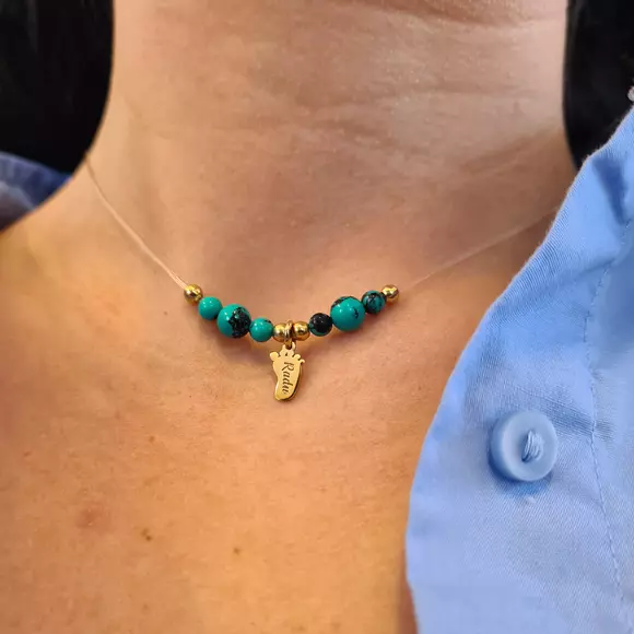 Egyedi lábú choker - 6 türkiz kő és 4 4 mm-es golyó - 925 ezüstözött 18K sárga arannyal - Szilikon lánc karabineres csattal
