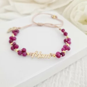 ÉLETERŐ Karkötő - Anyai Kötelék - MOM, pillangó charm és Sárga Aranyozott 925 Sterling Ezüst gömbök, - Fazettált Rubin ásvány gyöngyök - nude zsinór