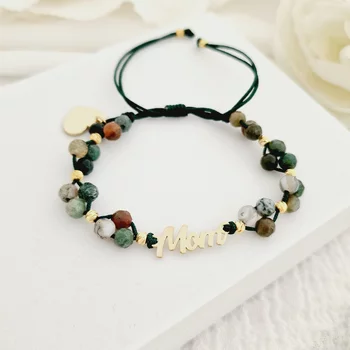 ÉLETERŐ Karkötő - Anyai Kötelék - MOM, szív charm és 18K Sárga Aranyozott 925 Sterling Ezüst gömbök, - Fazettált Achát ásvány gyöngyök - Zöld zsinór