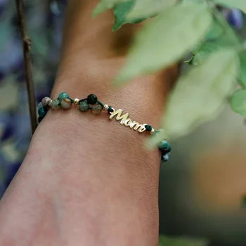 ÉLETERŐ Karkötő - Anyai Kötelék - MOM, szív charm és 18K Sárga Aranyozott 925 Sterling Ezüst gömbök, - Fazettált Achát ásvány gyöngyök - Zöld zsinór