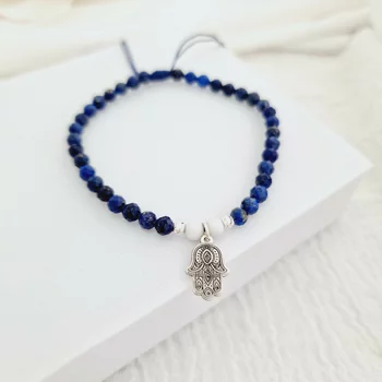 ÉLETERŐ Karkötő - Fatimai Kéz -  925 Sterling Ezüst Charm és gömbök 2,5 mm - Lapis Lazuli & Howlit Ásvány gyöngy - Kék zsinór
