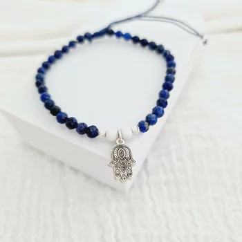 ÉLETERŐ Karkötő - Fatimai Kéz -  925 Sterling Ezüst Charm és gömbök 2,5 mm - Lapis Lazuli & Howlit Ásvány gyöngy - Kék zsinór