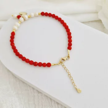 ÉLETERŐ Karkötő - Igazgyöngy szeretet - 18K Sárga Aranyozott Sterling Ezüst Szív Charm, Gyöngy,  2.5 mm-es gömbök - Korall ásvány gyöngyökkel - Karabíner kapocs hosszabbítólánccal