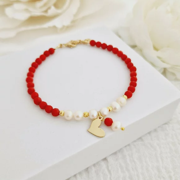 ÉLETERŐ Karkötő - Igazgyöngy szeretet - 18K Sárga Aranyozott Sterling Ezüst Szív Charm, Gyöngy,  2.5 mm-es gömbök - Korall ásvány gyöngyökkel - Karabíner kapocs hosszabbítólánccal