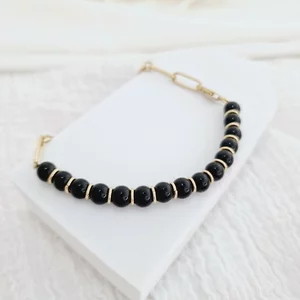 ÉLETERŐ Karkötő - MINDENEM -3 darab 18K Sárga Aranyozott Sterling Ezüst lemez - Ónix ásvány gyöngyökkel - fix karabíner kapocs