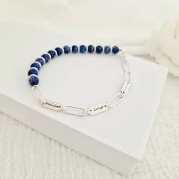 ÉLETERŐ Karkötő - MINDENEM -3 darab Sterling Ezüst lemez - Lapis Lazuli ásvány gyöngyökkel - fix karabíner kapocs