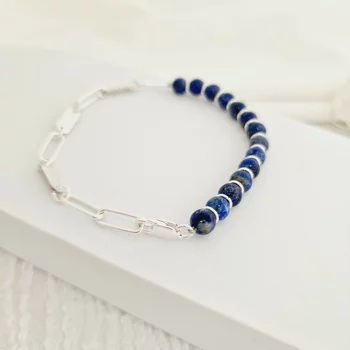 ÉLETERŐ Karkötő - MINDENEM -3 darab Sterling Ezüst lemez - Lapis Lazuli ásvány gyöngyökkel - fix karabíner kapocs