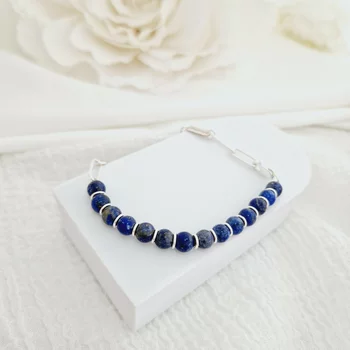 ÉLETERŐ Karkötő - MINDENEM -3 darab Sterling Ezüst lemez - Lapis Lazuli ásvány gyöngyökkel - fix karabíner kapocs