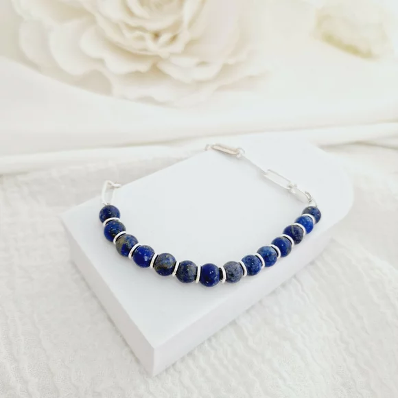 ÉLETERŐ Karkötő - MINDENEM -3 darab Sterling Ezüst lemez - Lapis Lazuli ásvány gyöngyökkel - fix karabíner kapocs