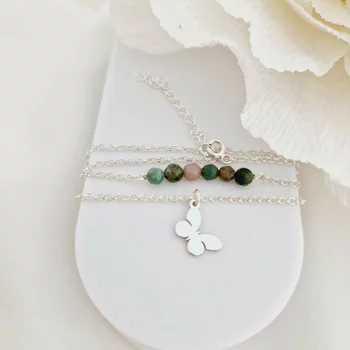 ÉLETERŐ Karkötő - Örök Átalakulás -  925 Sterling Ezüst dupla sor lánc és Pillangó Charm - Achát Ásvány Gyöngyökkel