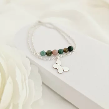 ÉLETERŐ Karkötő - Örök Átalakulás -  925 Sterling Ezüst dupla sor lánc és Pillangó Charm - Achát Ásvány Gyöngyökkel