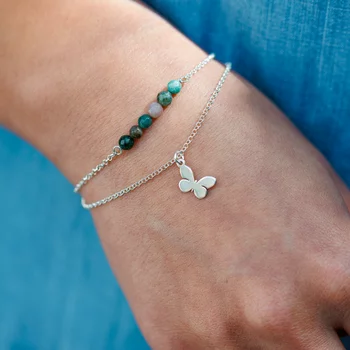 ÉLETERŐ Karkötő - Örök Átalakulás -  925 Sterling Ezüst dupla sor lánc és Pillangó Charm - Achát Ásvány Gyöngyökkel