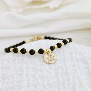 ÉLETERŐ Karkötő - Siker Kulcsa - Charm és 18K Sárga Aranyozott 925 Sterling Ezüst gömbök, - Ónix ásvány gyöngyök -  Karabíner kapocs lánchosszabbítóval