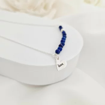 ÉLETERŐ nyaklánc - Az Élet Lüktetése - gravírozott szív medállal Lapis Lazuli ásványgyöngyökkel 4mm -  925 Sterling Ezüst