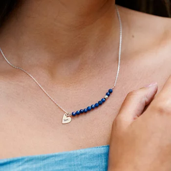 ÉLETERŐ nyaklánc - Az Élet Lüktetése - gravírozott szív medállal Lapis Lazuli ásványgyöngyökkel 4mm -  925 Sterling Ezüst