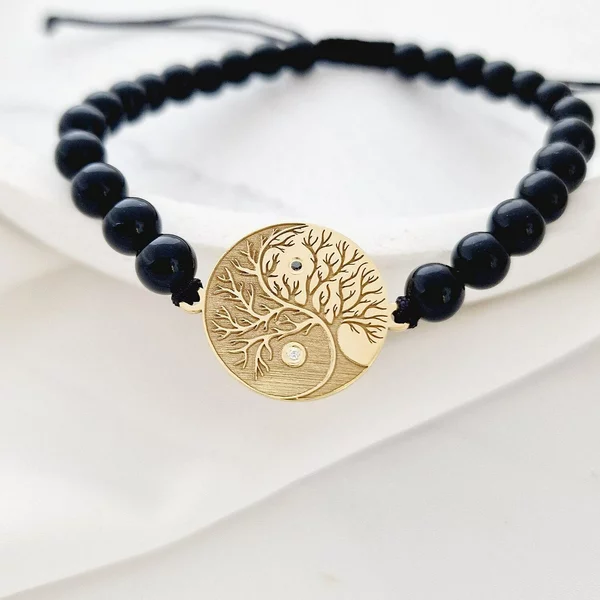 Életfa karkötő Yin&Yang szimbólummal – 925-ös Ezüst 18K Sárga arany bevonattal - Fekete Ónix - Természetes Gyémántok