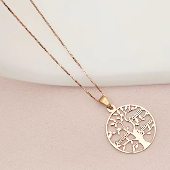 Életfa Nyaklánc - Személyre Szabott Nevekkel -  18K Rozé Aranyozott 925 Sterling Ezüst - Körkapocs