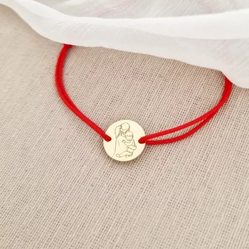 Érme Karkötő - Anya és Fia Sziluett - 12 mm - 18K Sárga Aranyozott Sterling Ezüst - Állítható Zsinór