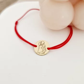Érme Karkötő - Anya és Fia Sziluett - 12 mm - 18K Sárga Aranyozott Sterling Ezüst - Állítható Zsinór