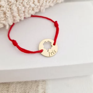 Érme Karkötő - Kivágott Lóhere és Név - 12 mm - 18K Sárga Aranyozott Sterling Ezüst - Állítható Zsinór
