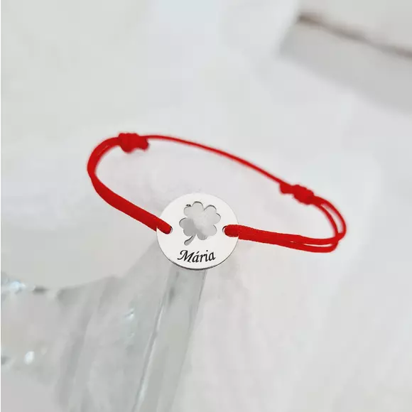 Érme Karkötő - Kivágott Lóhere és Név - 12 mm - Sterling Ezüst - Állítható Zsinór