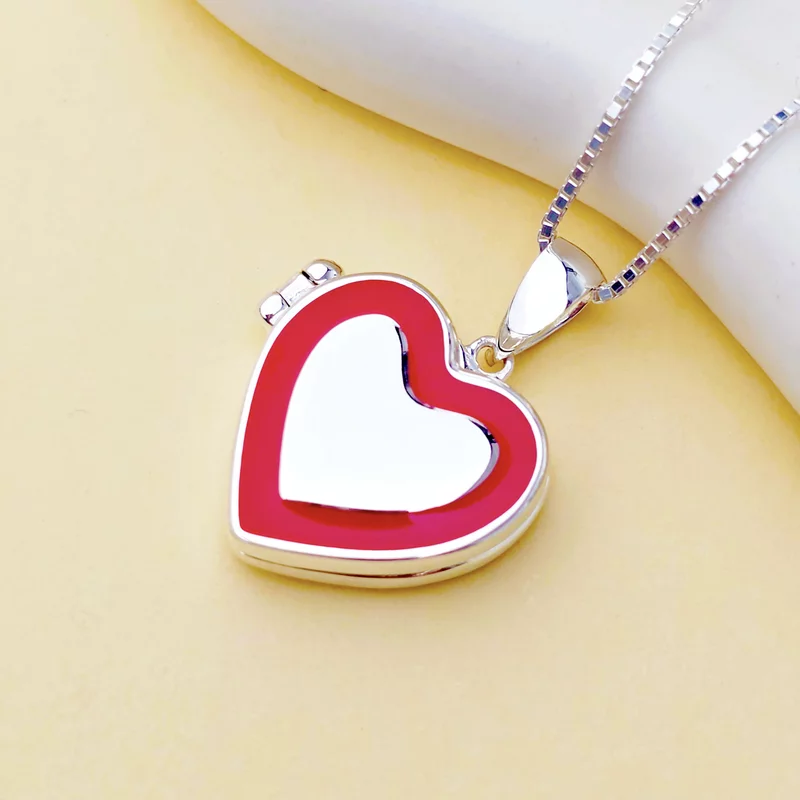 Ezüst Fényképes Szív Nyaklánc Piros Zománccal