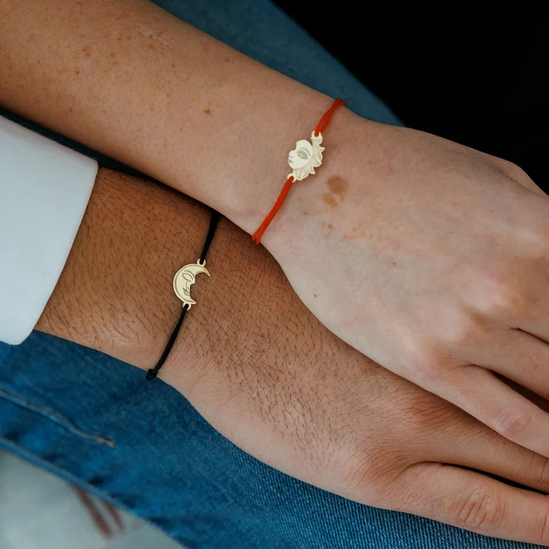 Ezüst Egyesített Hold és Nap Páros Karkötő Szett 18K Sárga Arannyal Bevonattal - Állítható Zsinór