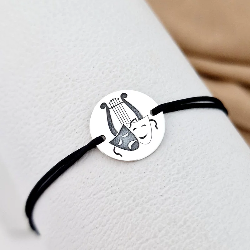 Ezüst Érme Karkötő - Színház Szimbólum - Állítható Zsinór