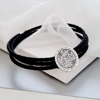 Ezüst QR Kód Érme Karkötő Három Rétegű Bőrrel