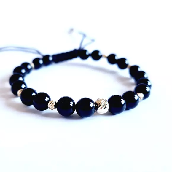 Féldrágakövekből készült karkötő - Onyx 2 x 2 1 5 mm-es golyóval és 10 3 mm-es golyóval 14K aranyból - Tartós és állítható fekete zsinór