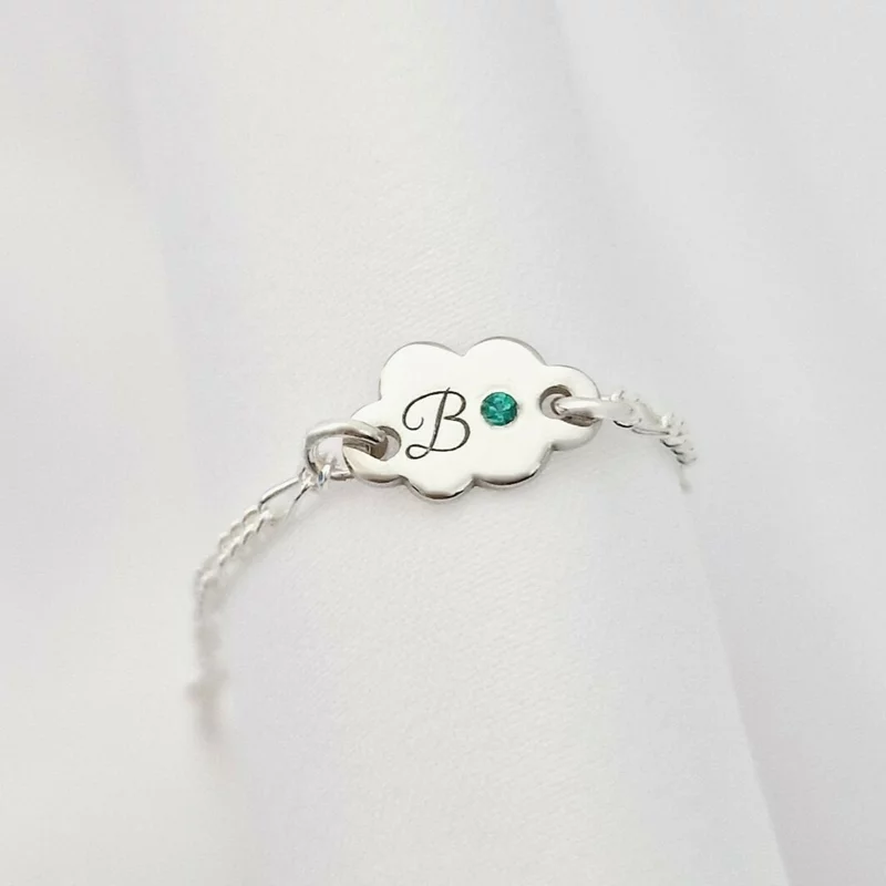 Felhő Karkötő – Kezdőbetűvel és Drágakővel - 925-ös Ródiumozott Ezüst - Kislány/Fiú Lánc
