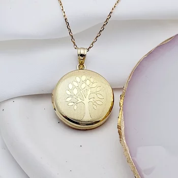 Fényképes Kerek Nyaklánc -Tree of Life -  925 Sterling Ezüst 18K Sárga Arany bevonattal - Körkapocs