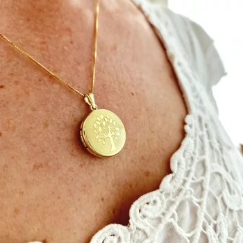 Fényképes Kerek Nyaklánc -Tree of Life -  925 Sterling Ezüst 18K Sárga Arany bevonattal - Körkapocs