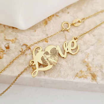 Fényképes Nyaklánc - LOVE Medál - 18K Sárga Aranyozott 925 Sterling Ezüst - Körkapocs