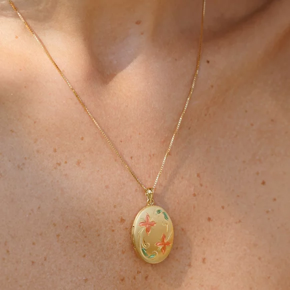 Fényképes Ovális Nyaklánc - Pink Flowers - Ezüst 925 - 18 K Sárga Arany bevonattal