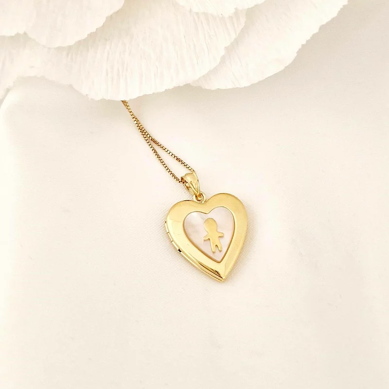 Fényképes Szív Nyaklánc - Boy & Mother of Pearl - Ezüst 925 18K Sárga Arany bevonattal