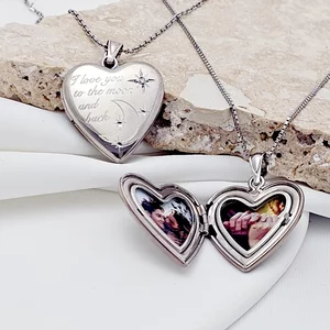 Fényképes Szív Nyaklánc -  I love you to the moon and back -  Ezüst 925 Ródium bevonattal