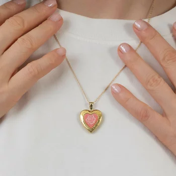 Fényképes Szív Nyaklánc - Pink Rose - Ezüst 925 - 18K Sárga Arany Bevonattal