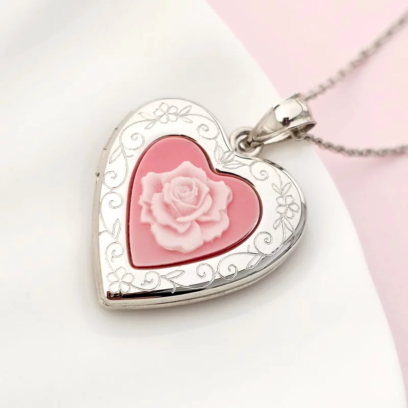 Fényképes Szív Nyaklánc - Pink Rose -  Ezüst 925 Ródium bevonattal