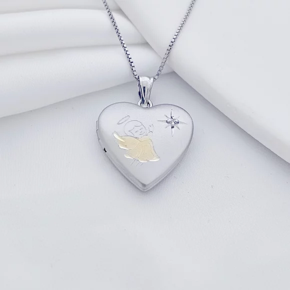Fényképes Szív Nyaklánc - Praying Angel - Ezüst 925 - Ródium  és 18K Sárga Arany Bevonattal - Fehér Cirkónia