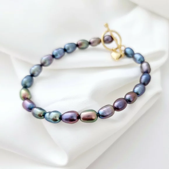 Gyöngy Karkötő - Kék Rizsszem Gyöngy - 18K Sárga Aranyozott 925 Sterling Ezüst - T Kapocs